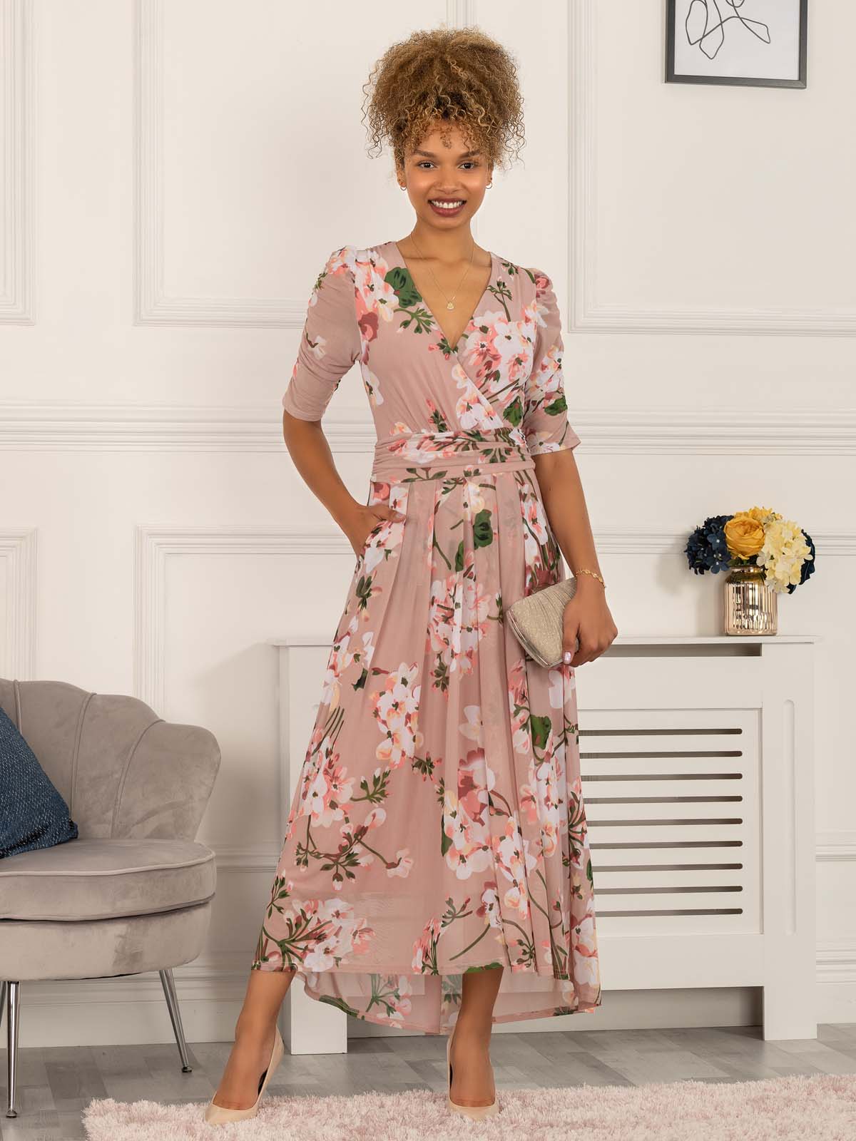 Gavina Ruched Sleeve Mesh Maxi Dress, Dusty Pink – Jolie Moi Retail